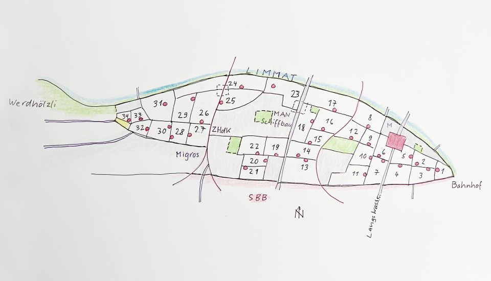 Zeichnung eines Plan des Industriequartier in Zürich