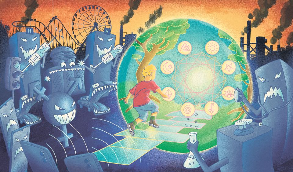 Illustration: ein Kind hüpft in eine Blase mit esoterischen Symbolen, drumherum posieren Alltags-Monster