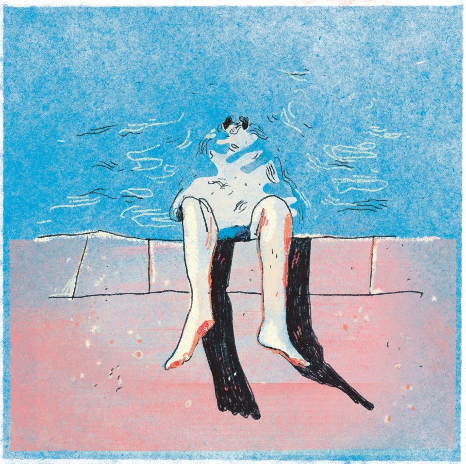 Illustration: eine Person taucht den Körper in ein Gewässer, die Beine ragen aus dem Wasser