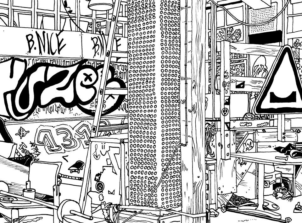 Illustration von Ingo «Grrrr» Giezendanner: ein Raum des Kulturzentrum KuZeB in Bremgarten