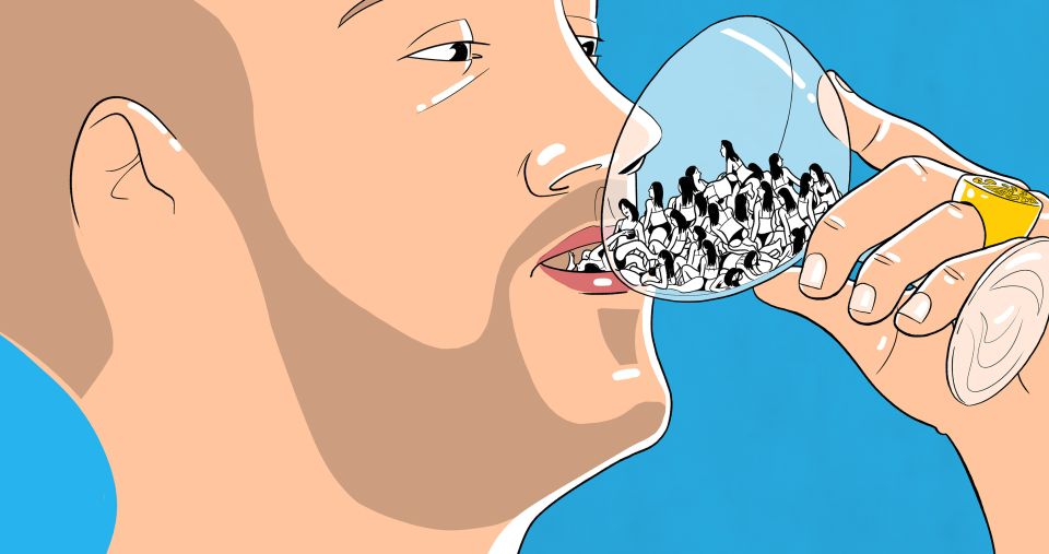 Illustration von Matthias Seifert: David Azzato trinkt aus einem Glas