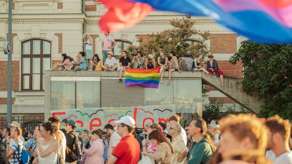 Teilnehmer:innen des Pride-Umzug auf der Strasse und am Strassenrand