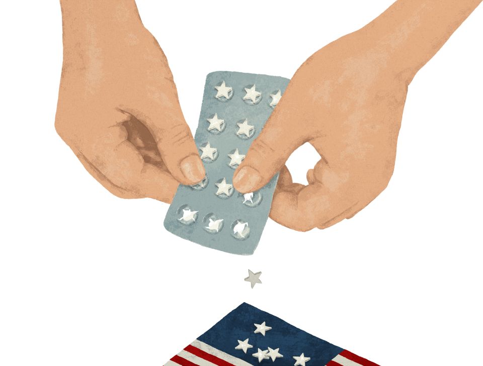 Illustration von Marcel Bamert: zwei Hände drücken Sterne der US-Flagge aus einer Blisterpackung