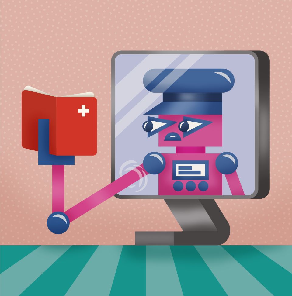 Illustration: ein Behörden-Roboter überprüft einen Schweizer Pass