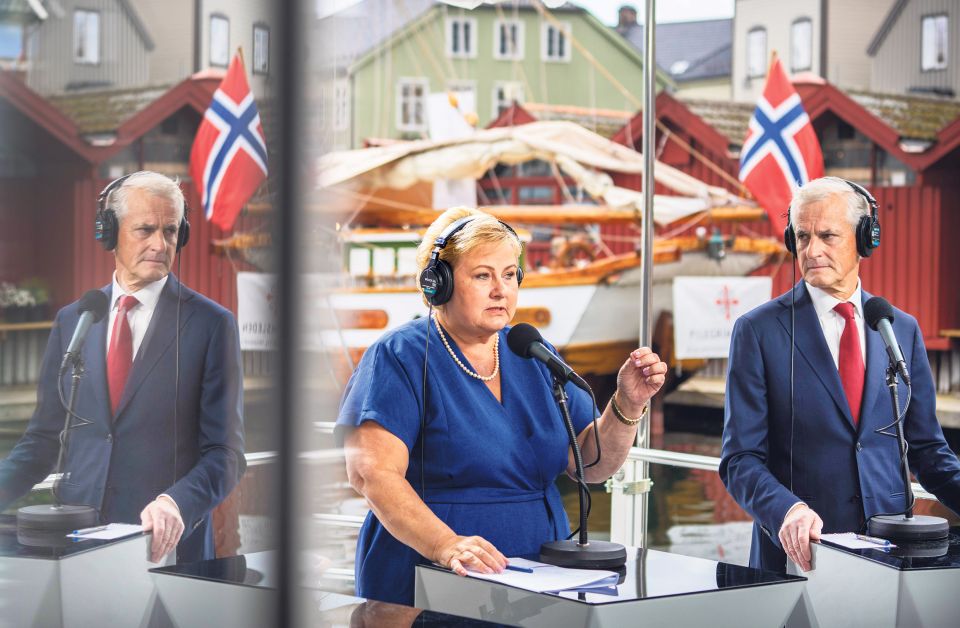 Jonas Gahr Støre und Erna Solberg bei einem TV- und Radioduell