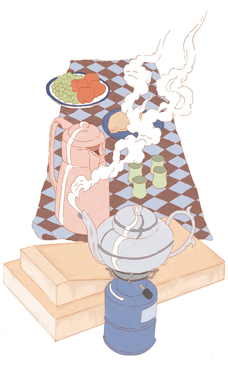 Illustration von Noémie Fatio: Tee-Kanne auf einem Gaskocher und Teegläser, Obst und eine grosse Tee-Kanne auf einer Tischdecke