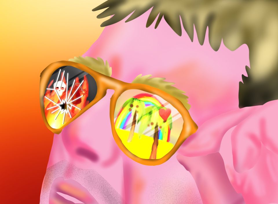 Illustration: Kopf einer Person mit Sonnenbrille in der sich 2 verschiedene Szenen spiegeln