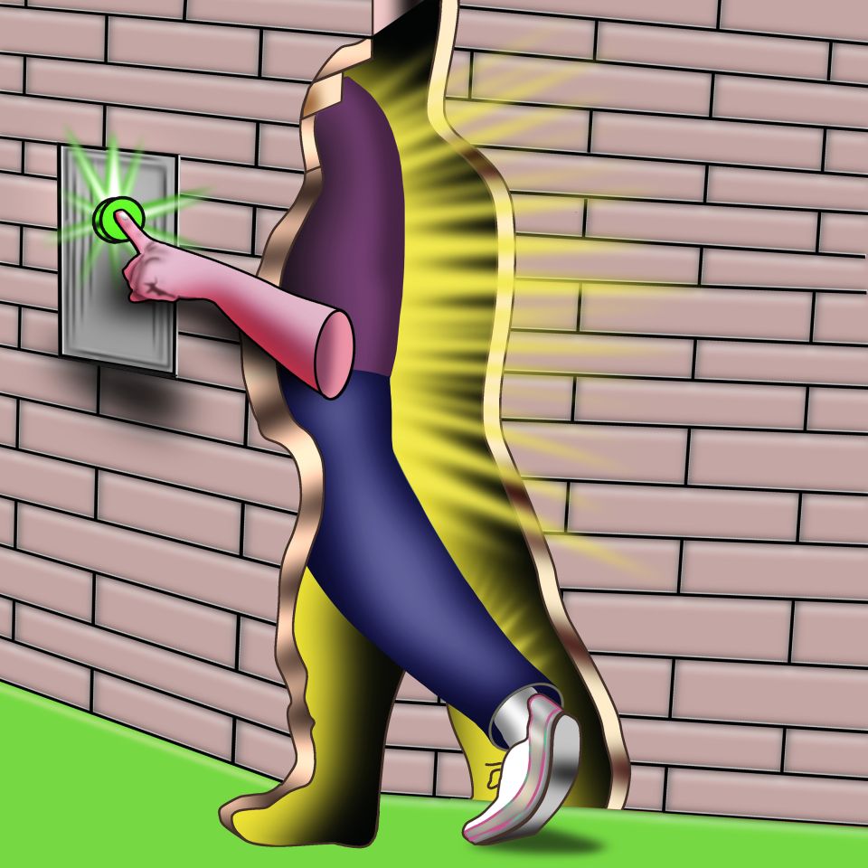Illustration: abstrakte Darstellung einer Person, welche einen Knopf drückt und dann hinter einer Mauer verschwindet