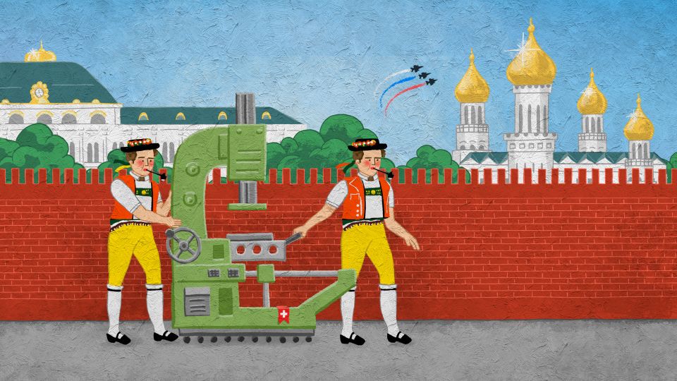 Illustration: zwei Personen in Appenzeller Tracht schieben eine Fertigungsmaschine vor den Mauern des Kreml