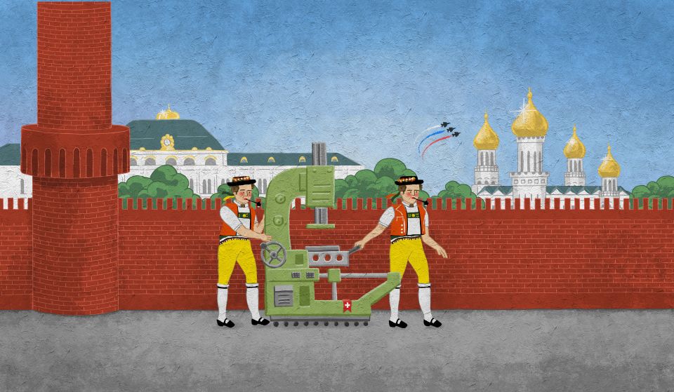 Illustration: zwei Personen in Appenzeller Tracht schieben eine Fertigungsmaschine vor den Mauern des Kreml