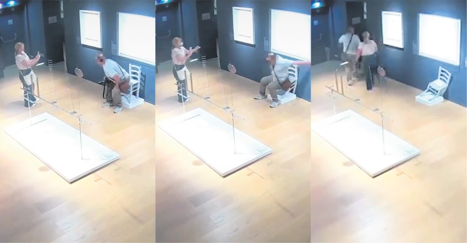 Überwachungskamera filmt die unfreiwillige Performance «Vincents Swarovski-Stuhl mit Bruch»