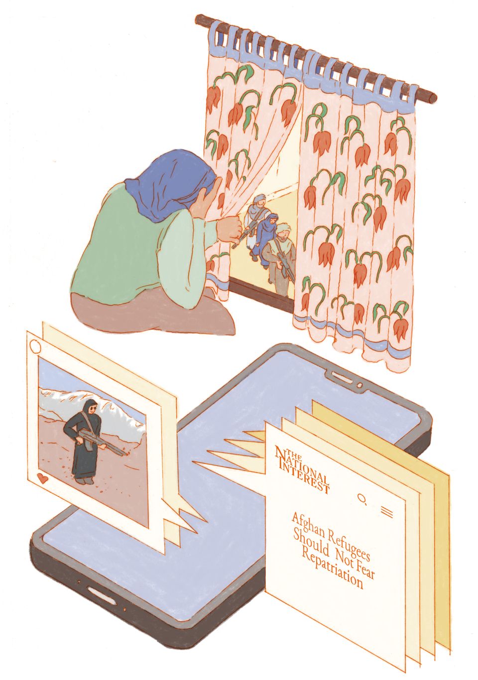 Illustration von Noémie Fatio: eine Frau schaut hinter einem Vorhang aus dem Fenster, wo Taliban eine Frau abführen, im Vordergrund Darstellung eines Smartphone mit Nachrichten und Emails