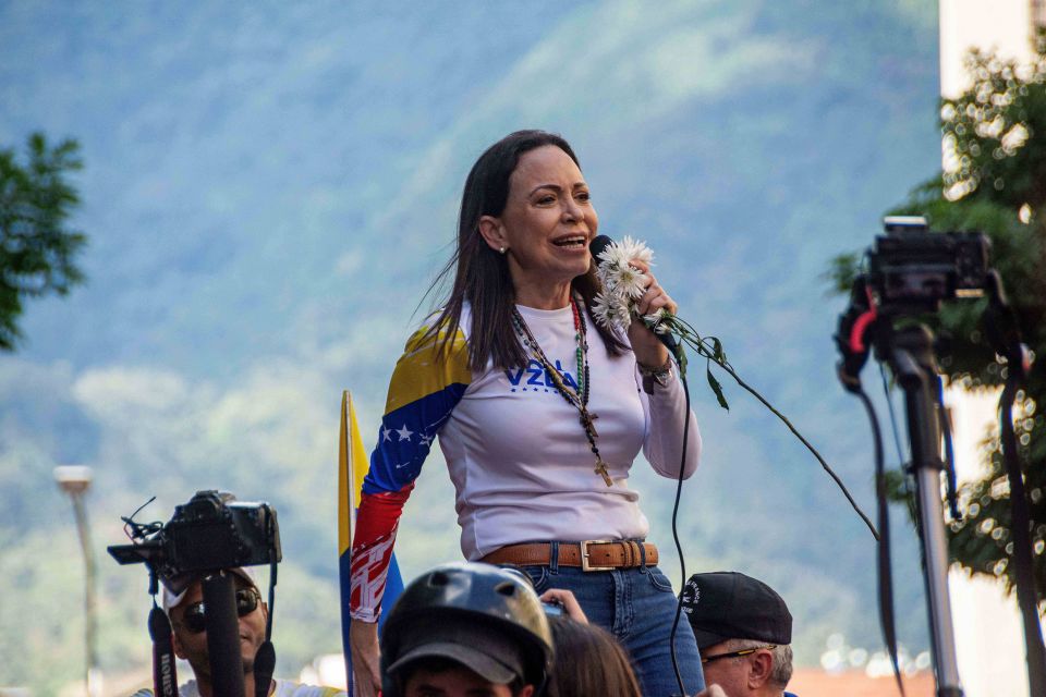 María Corina Machado hält eine Ansprache in Caracas, Venezuela