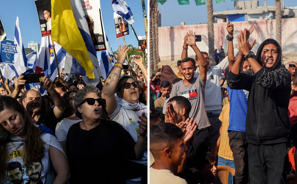 2 Fotos nebeneinander: in Tel Aviv wie in Chan Junis erwarten die Menschen die Geiseln respektive die Gefangenen