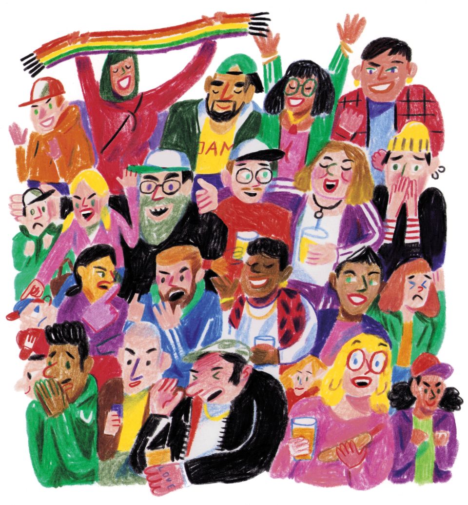 Illustration von Luigi Olivadoti: eine fröhliche Fussball-Fan-Gemeinschaft