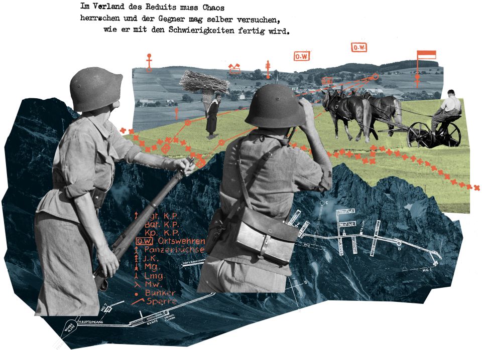 Collage von Marcel Bamert: historische Fotos, Ausschnitte aus militärischen Karten und ein Zitat