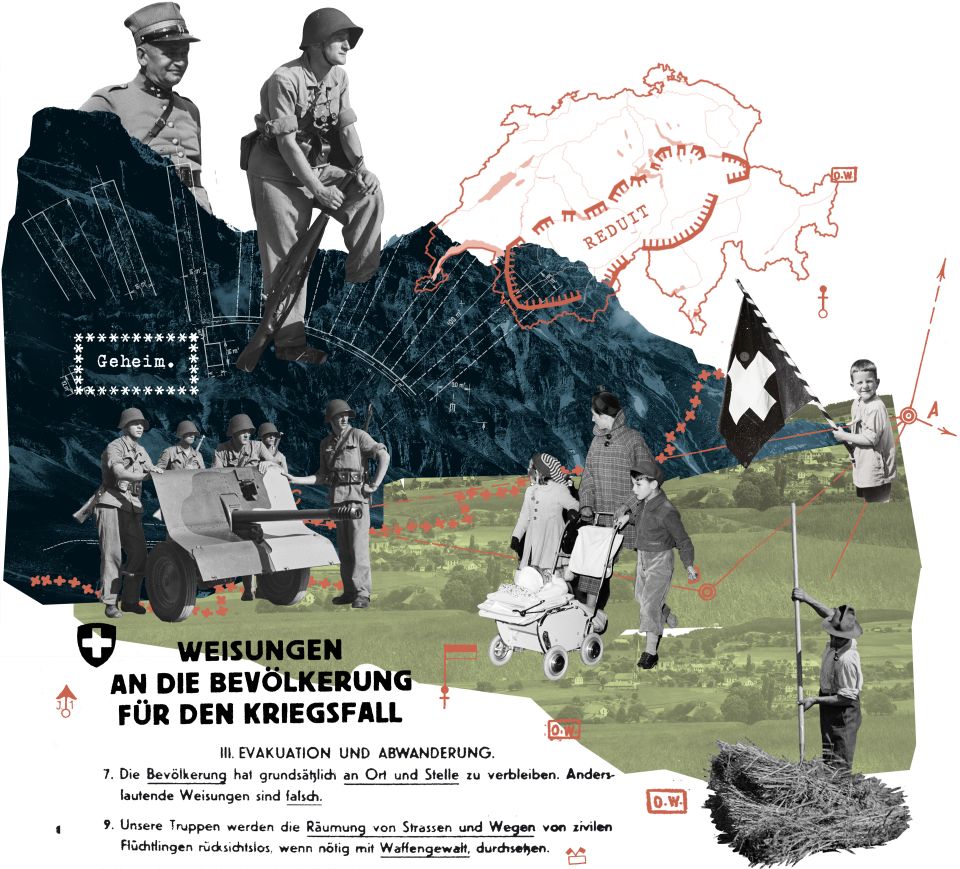 Collage von Marcel Bamert: historische Fotos, Ausschnitte aus militärischen Karten und eine Abbildung eines öffentlichen Aushangs