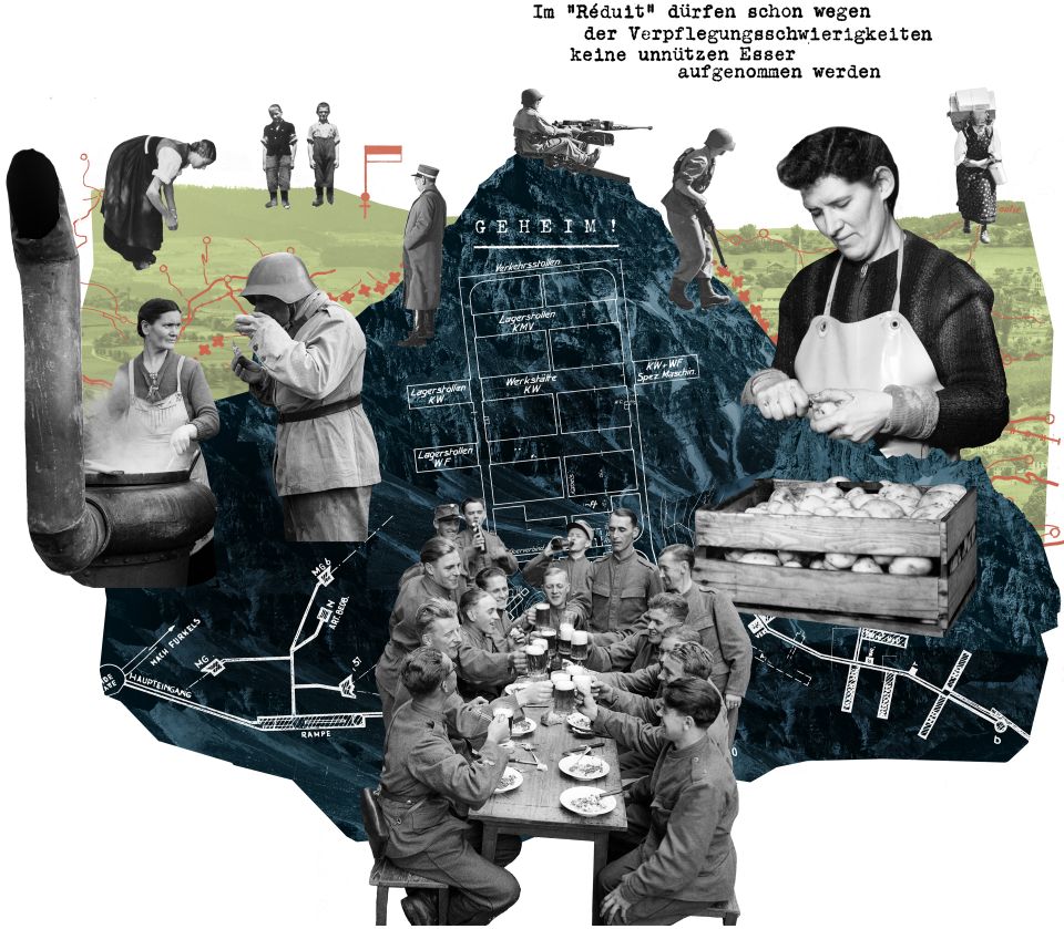 Collage von Marcel Bamert: historische Fotos, Ausschnitte aus militärischen Karten und ein Zitat