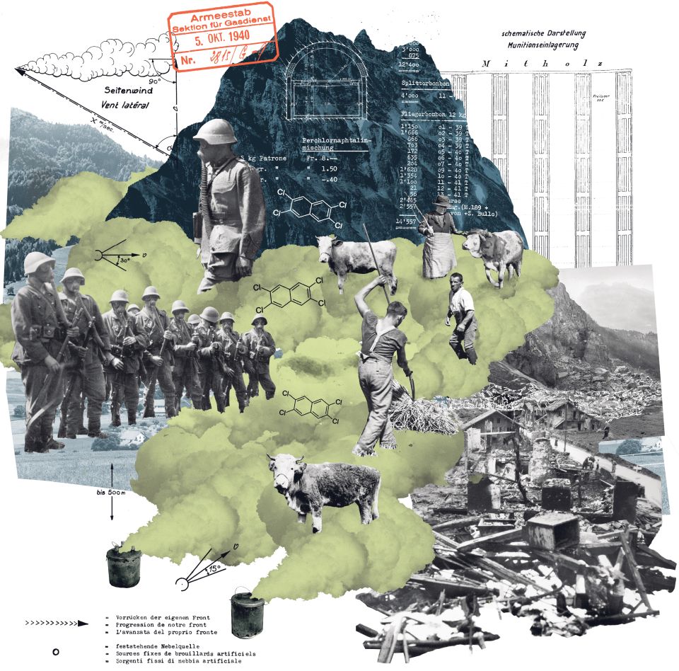 Collage von Marcel Bamert: historische Fotos und Ausschnitte aus Bauplänen und Dokumenten