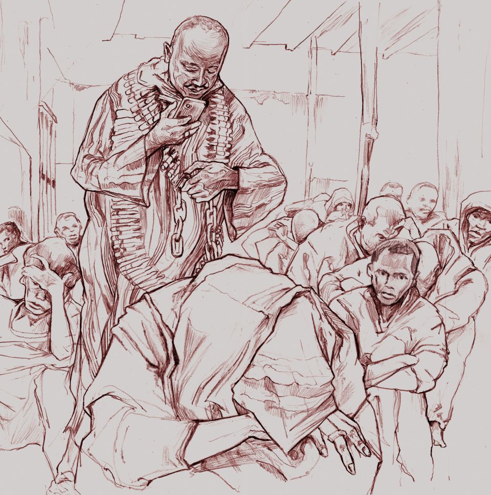 Illustration: Walid Amanuel Gebreyesus Negash misshandelt Geflüchtete bei eingeschaltetem Telefon