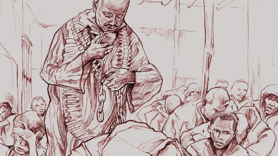 Illustration: Walid Amanuel Gebreyesus Negash misshandelt Geflüchtete bei eingeschaltetem Telefon