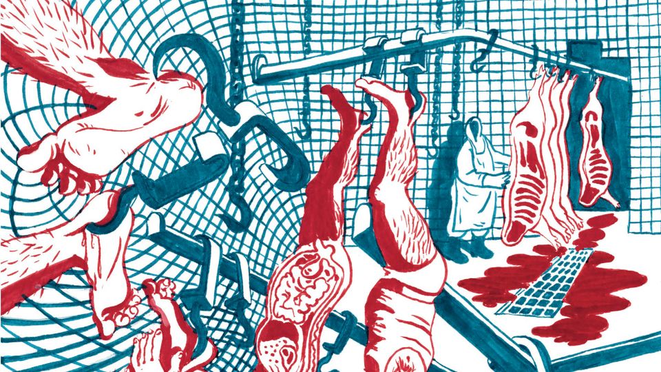 Ausschnitt aus einem Comic von Martin Oesch: ausgenommene Menschen und Tiere hängen in einer Metzgerei