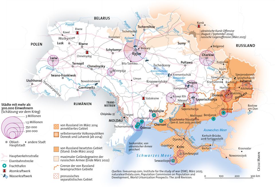 Karte der Ukraine: Verkehrs- und Energieinfrastruktur, Städte, Frontverlauf und besetzte Gebiete