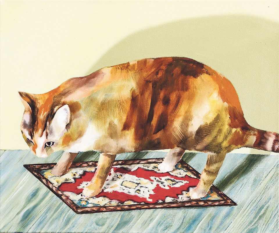 Ellen Akimoto, Cat on a Rug, 2018, Öl auf Leinwand, 50 × 60 cm
