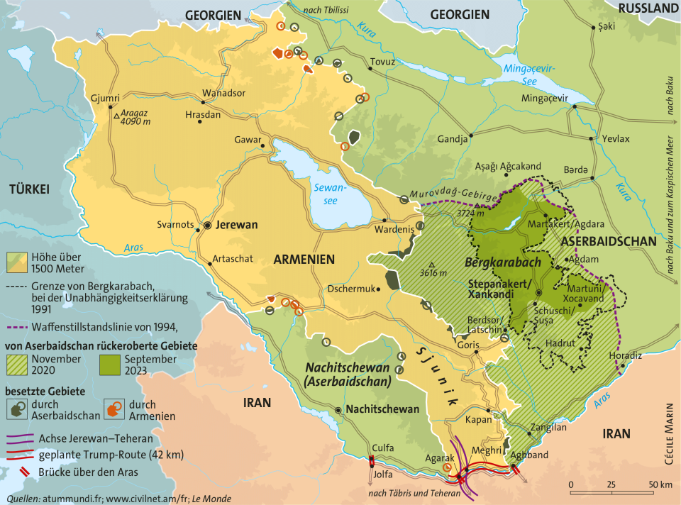 Karte mit dem Konfliktgebiet Bergkarabach in Armenien und Aserbaidschan