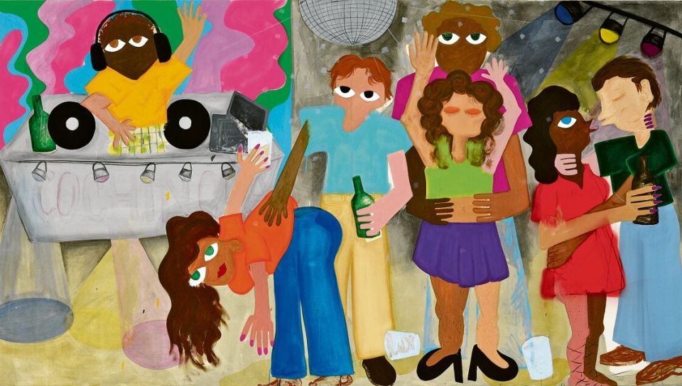 Ximena Ferrer Pizarro, Reggaeton heals, 2022, Acryl auf Leinwand, 165 × 300 cm