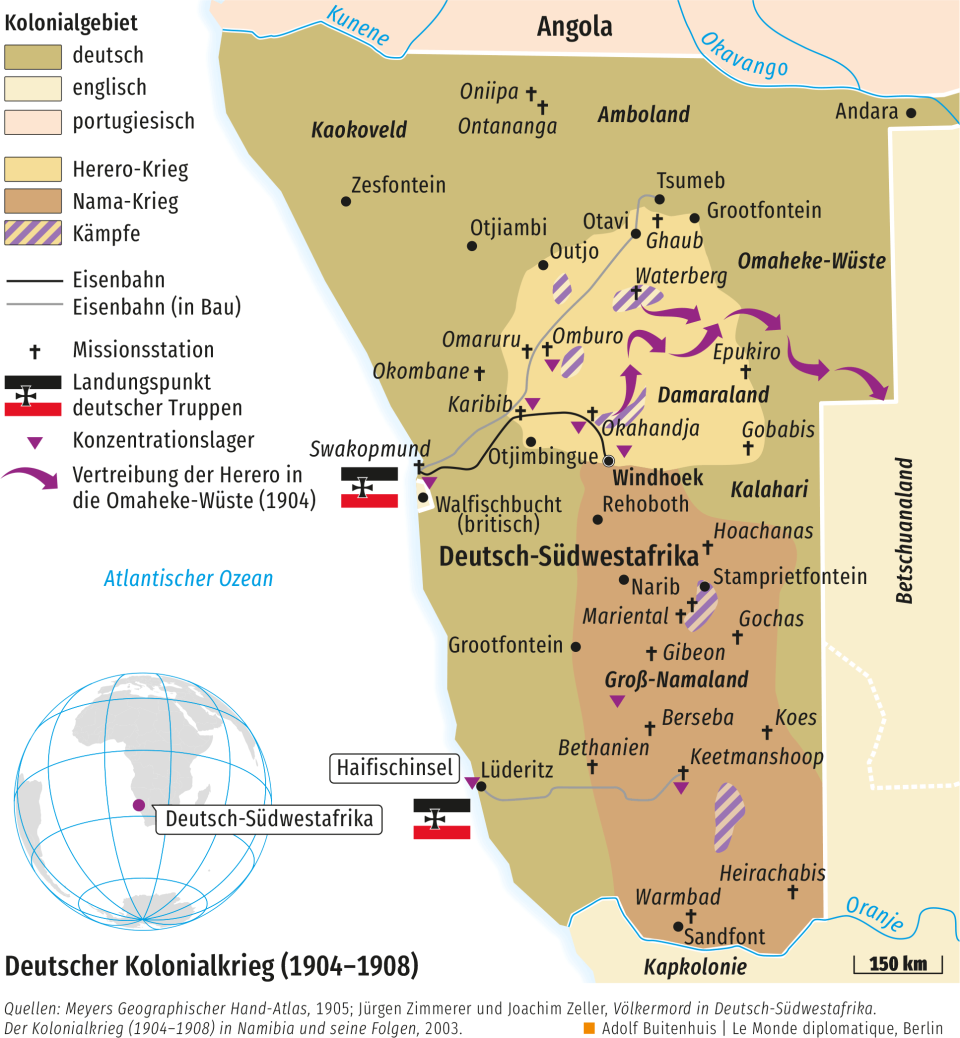 Karte der Kolonialgebiete im Deutschen Kolonialkrieg