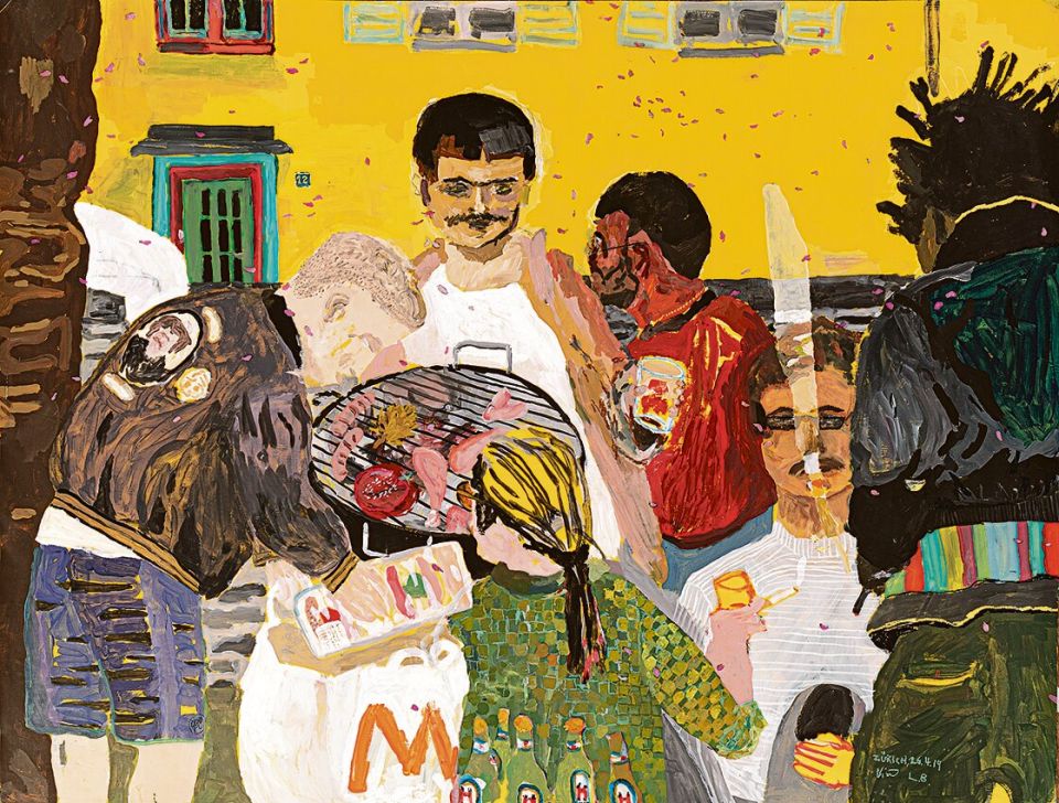 Malerduo Bošković-Scarth, Erismannhof, 2019, Acryl, Kohle, Wachspastell auf Papier, 84,5 × 154 cm