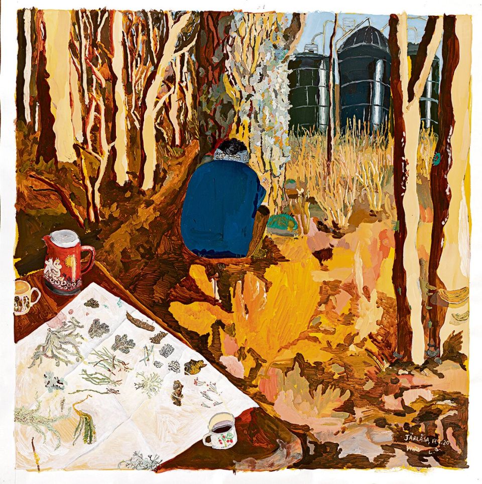 Malerduo Bošković-Scarth, Flechtensammlerin (Järlåsa), 2020, Acryl, Kohle, Wachspastell auf Papier, 141 × 141,5 cm