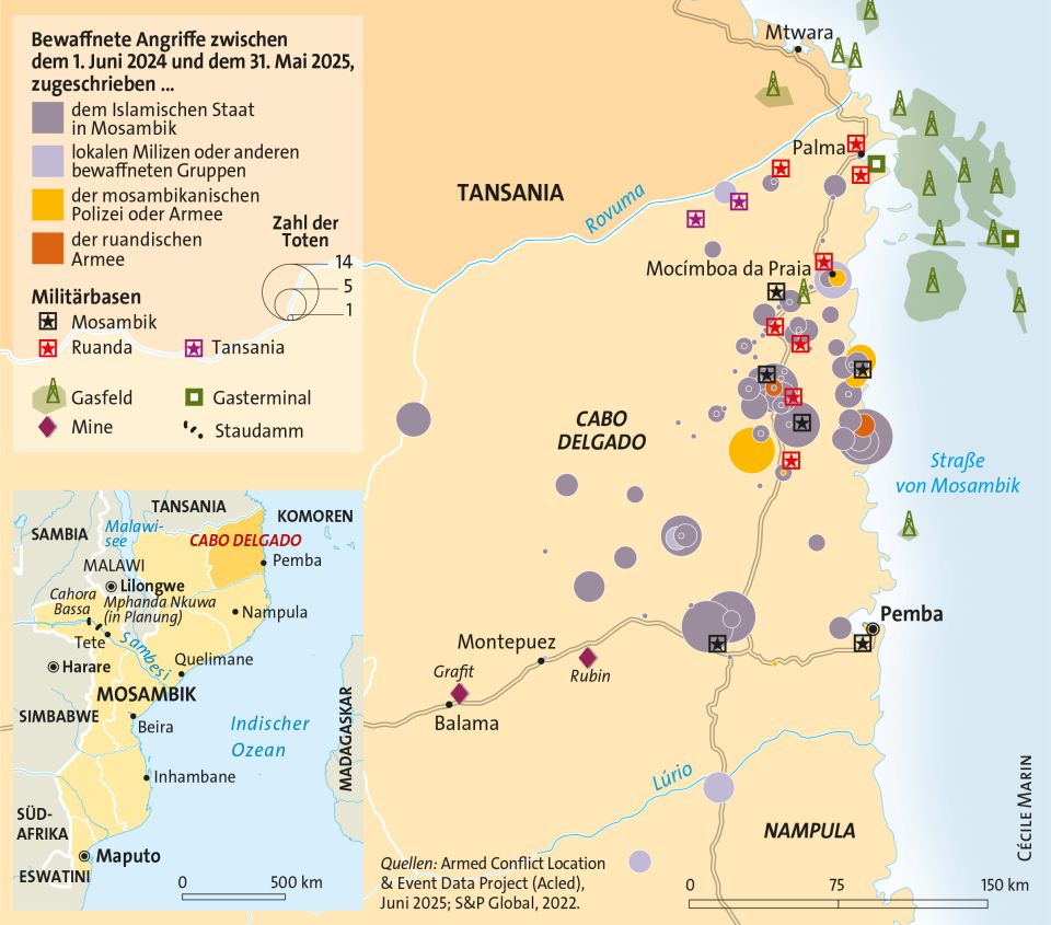 Karte zum Guerillakrieg in Mosambiks Provinz Cabo Delgado: Konfliktherde, Todesopfer, Militärbasen, Erdgas, Energieinfrastruktur