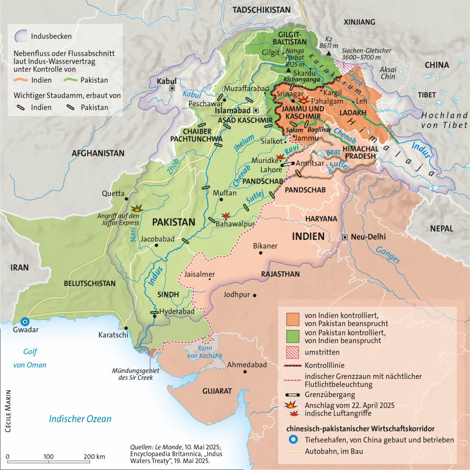 Karte der Kaschmir-Region: Wasser, Infrastruktur, Konflikte, Grenzen
