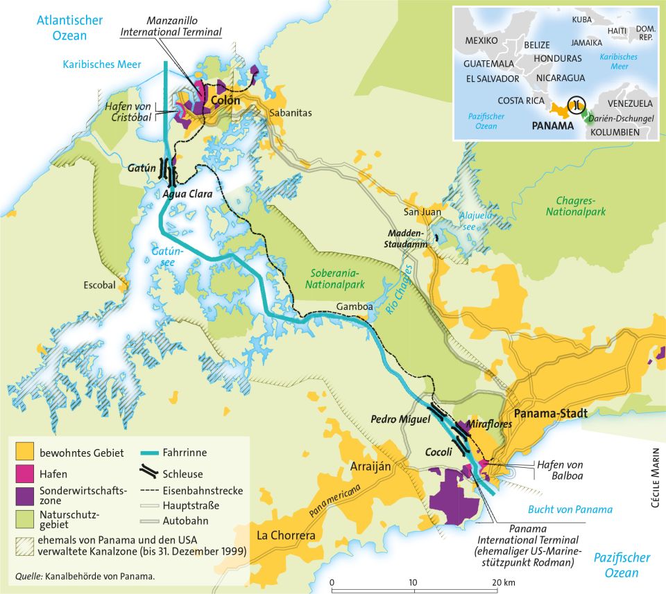 Karte des Panamakanal und Umgebung: bewohnte Gebiete, Naturschutzgebiete, Verkehrsinfrastruktur