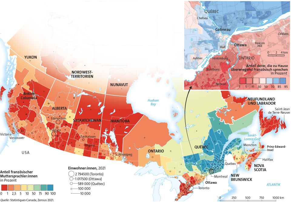 Karte von Kanada und Québec: Verbreitung der französischen Sprache