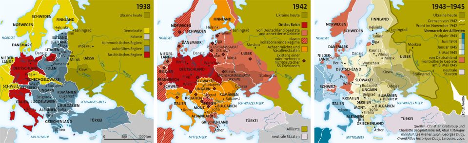 3 Karten mit den Grenzverläufen in Europa in den Jahren 1938, 1942 und 1945