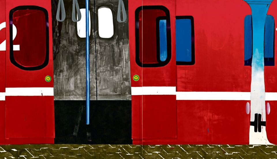 Carlo Krone, mind the gap, 2025, Acryl, Dispersionsfarbe und Lack auf Baumwolle, 190 × 330 cm