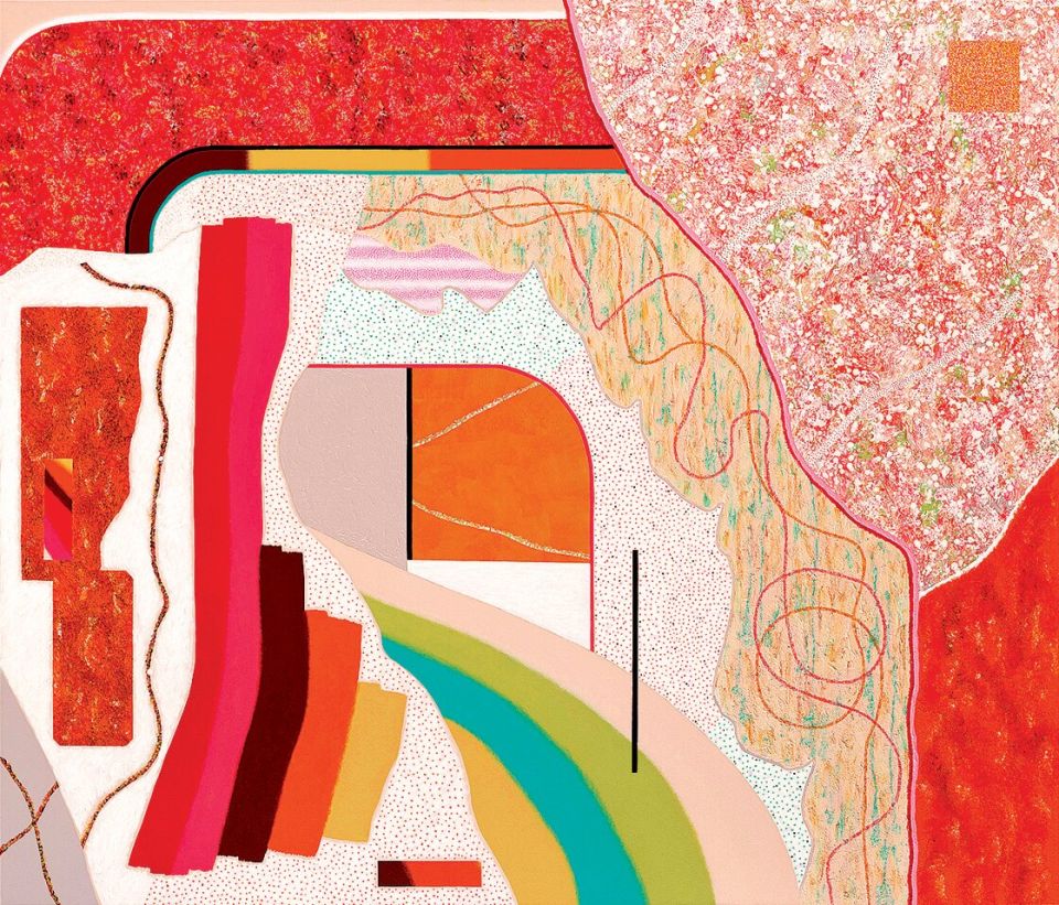 Franziska Goes, Field of Dots / Orange Yellow White, 2025, 180 × 210 cm, Acrylfarbe, Sand und Texturpaste auf Leinwand