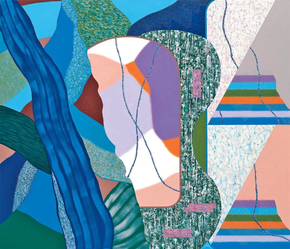 Franziska Goes, I Can Hear the Bird Sing / Blue Line, 2025, 180 × 210 cm, Acrylfarbe, Sand und Texturpaste auf Leinwand