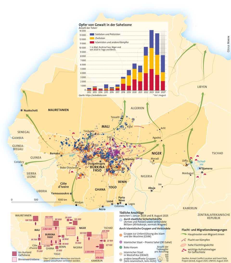 Karte und Infografiken der Sahelzone: Anschläge, Gewalt-Opfer, Flucht- und Migrationsbewegungen