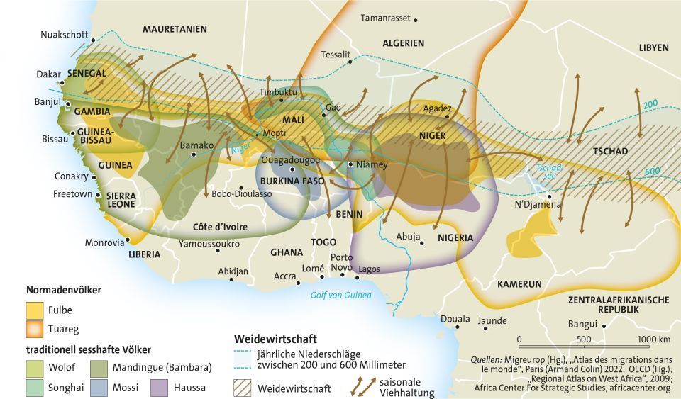 Karte der Sahelzone: Nomaden, sesshafte Völker und Weidewirtschaft