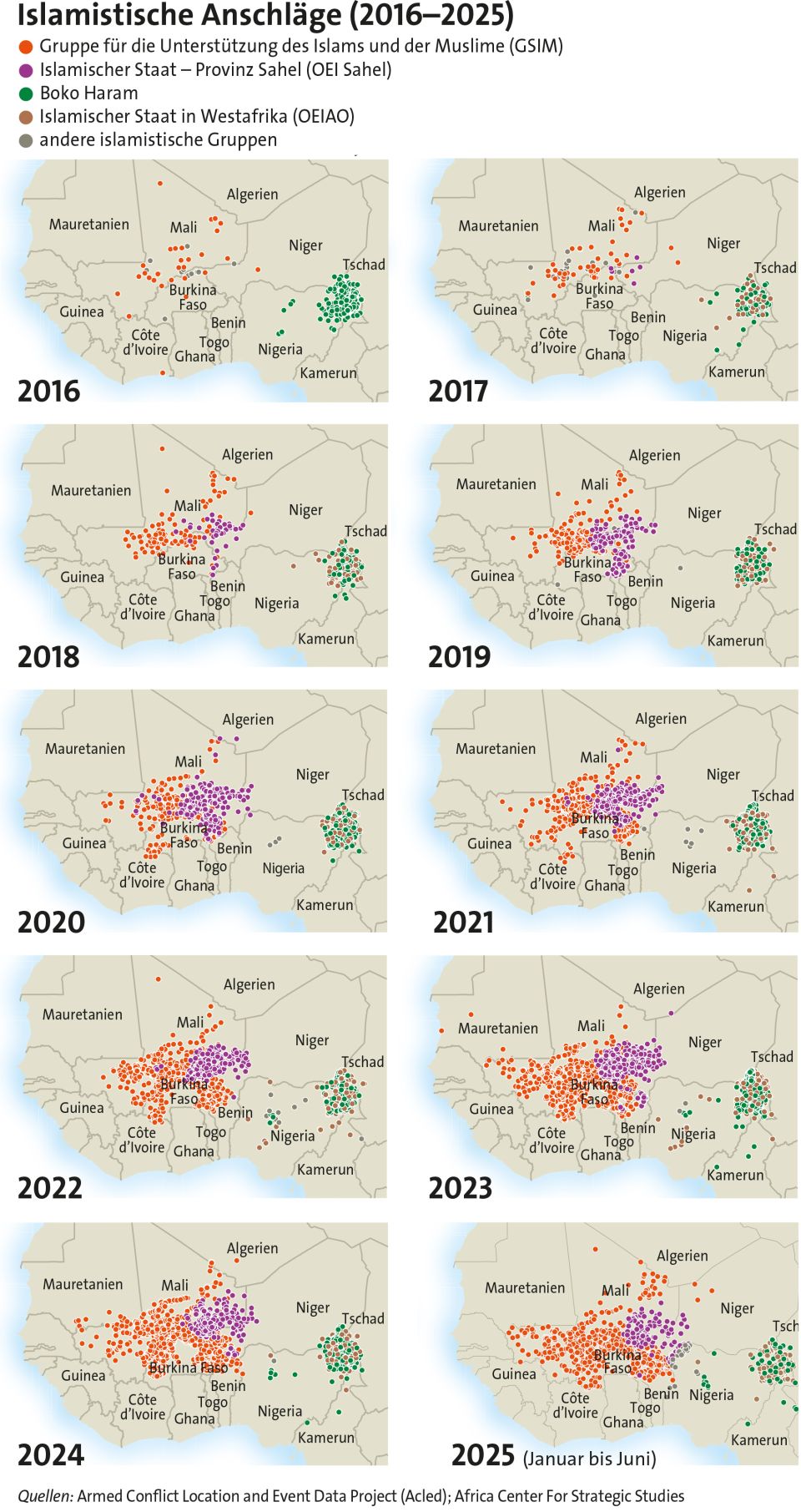Karte: Islamistische Anschläge in der Sahelzone (2016–2025)