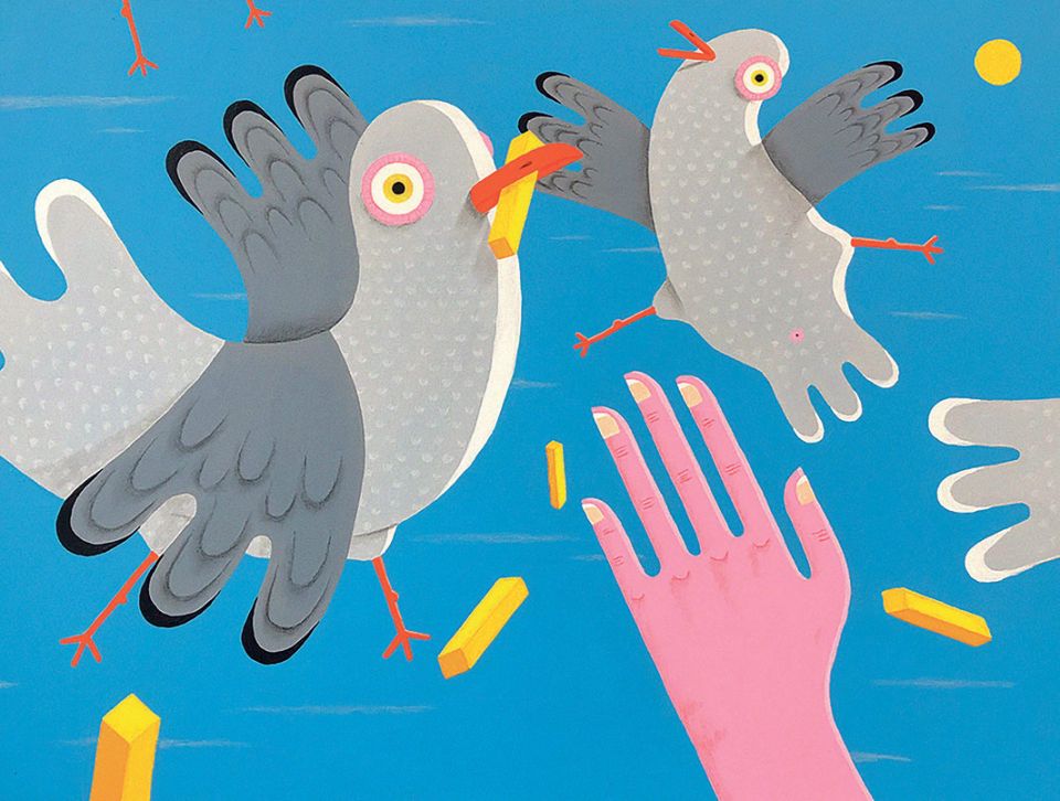 Lotte Keijzer, Assholes, Acrylfarbe und Buntstift auf Holzplatte, 60 × 45 cm
