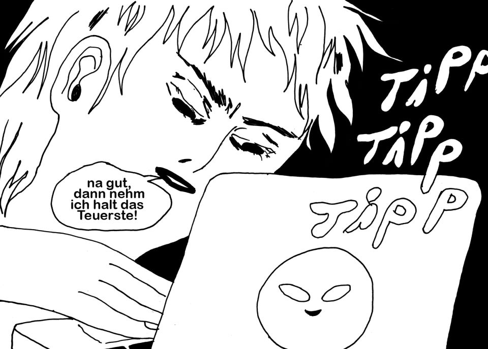 Ausschnitt aus der Graphic Novel «Toys»: eine Person tippt etwas in einen Laptop