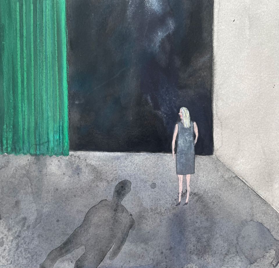 Illustration von Maria Sulymenko: eine Frau steht vor einer schwarzen Wand, im Vordergrund ein bedrohlicher Schatten