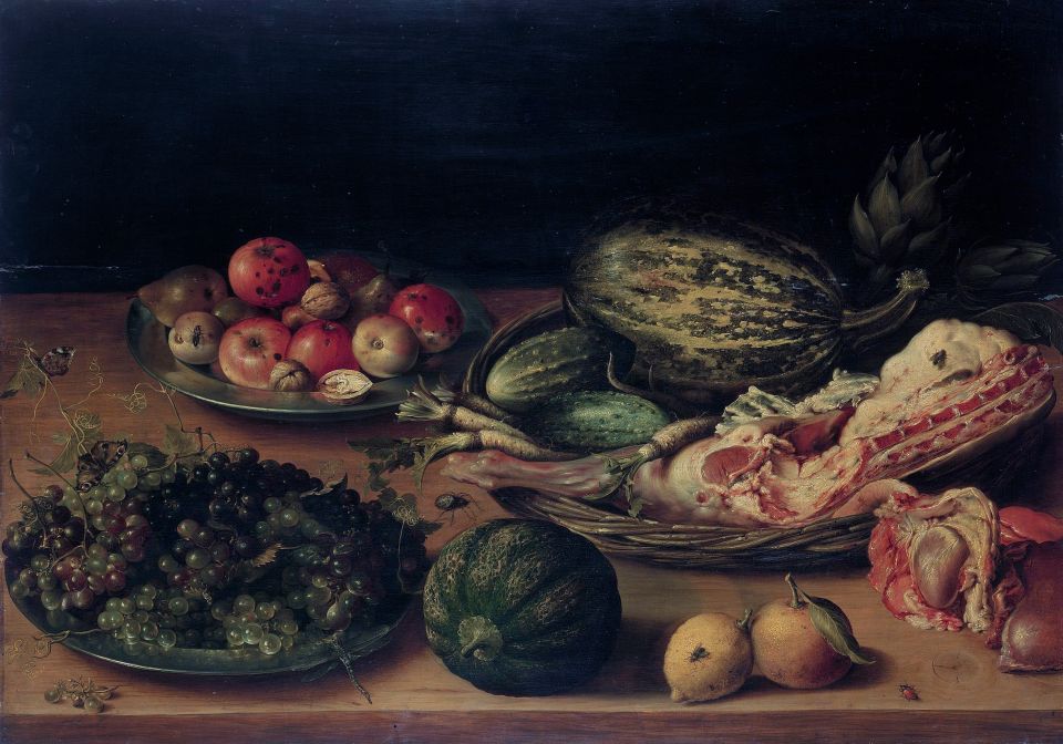 Symbolbild: Stilleben-Malerei mit Früchten, Gemüse und Fleisch auf einem Tisch