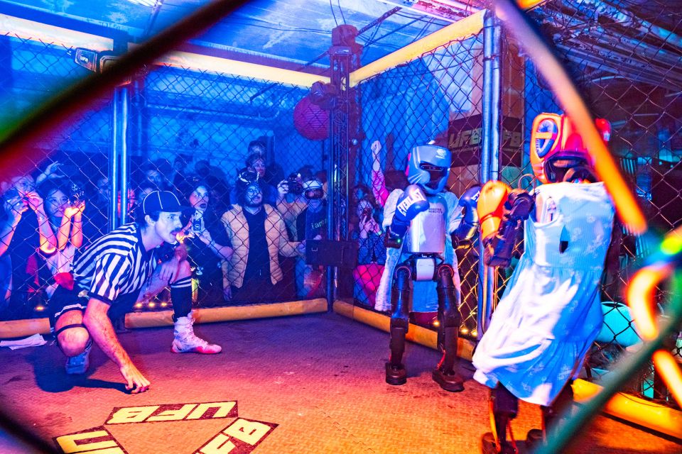 ferngesteuerte Roboter in Boxausrüstung kämpfen gegeneinander vor Publikum