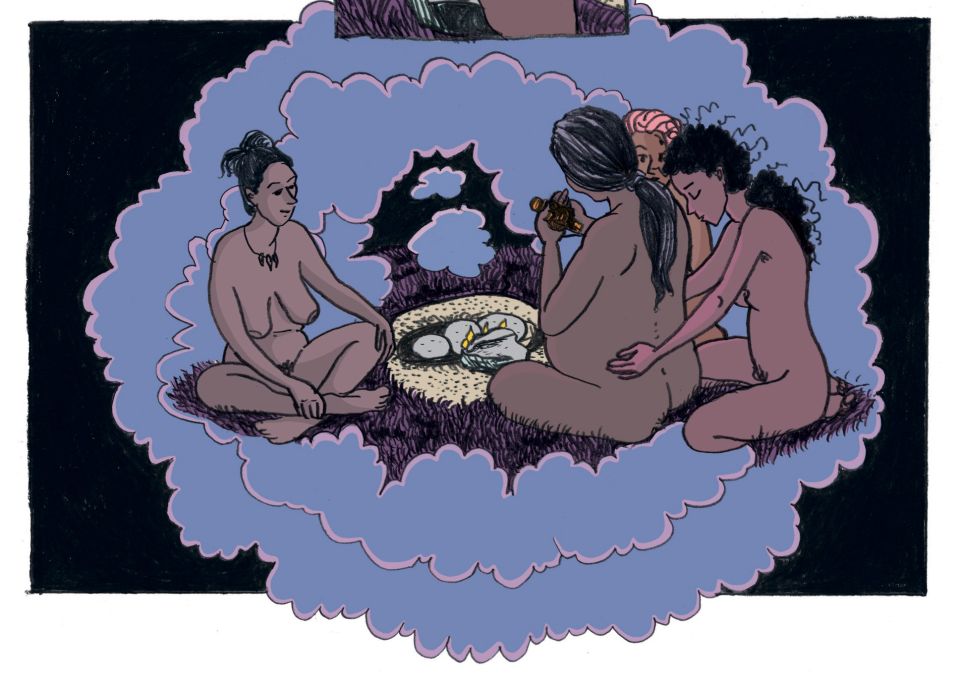 Ausschnitt aus dem Comic: mehrere Frauen sitzten nackt beisamen